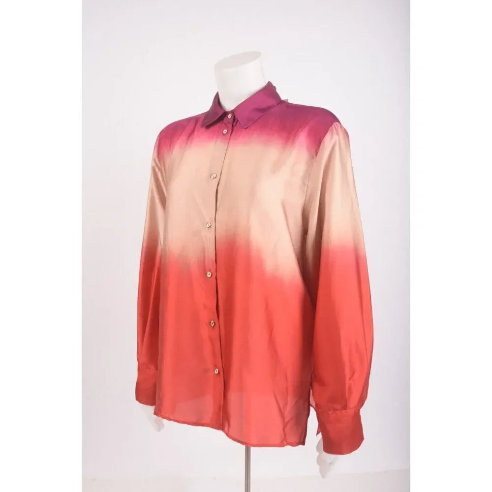 Zara Womans Top Shirt Blouse Sz M Satin Effect Ombre Tie Dye Orange 7888/483 NWT_3